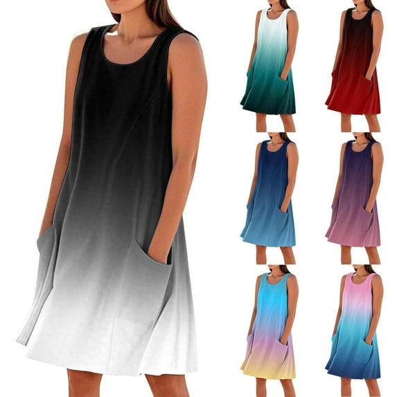 Ahuyic Womens Summer Casual Dress,Womens Plus Size Dress,Womens Solid Color Printing Casual Sleeveless Loose Fitting Dress With Pockets,Pink,L