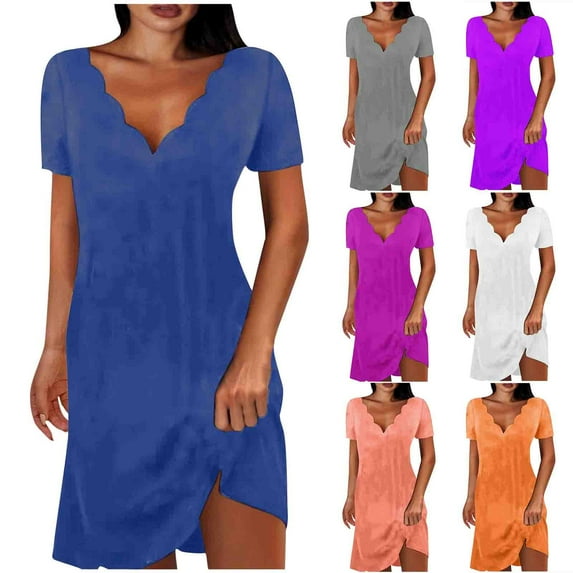 Ahuyic Womens Summer Casual Dress,Womens Plus Size Dress,Womens Solid Color Short Short Sleeve-Neck Mid-Calf Dress,Purple,M