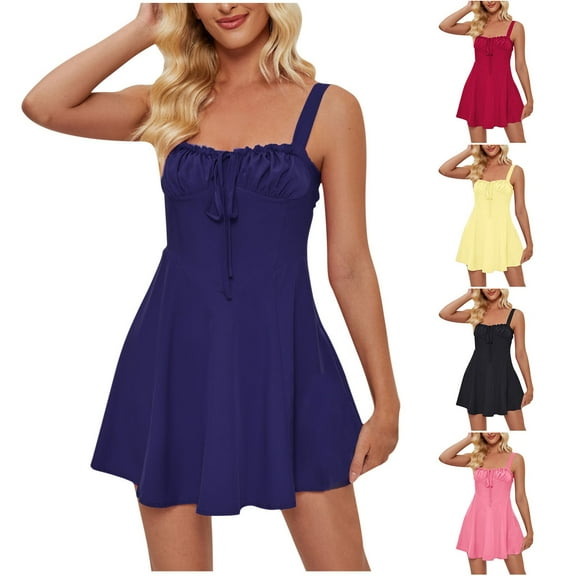 Ahuyic Womens Summer Casual Dress,Womens Plus Size Dress,Womens Solid Color Sleeveless Suspenders-line Dresses,Red,XL