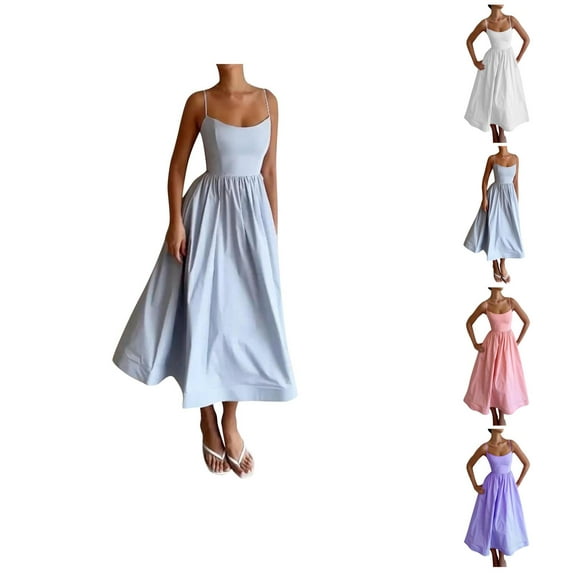 Ahuyic Womens Summer Casual Dress,Womens Plus Size Dress,Womens Solid Color-neck With Waist Cinched Pleated Suspender And Large Hem Dress,Pink,XXL