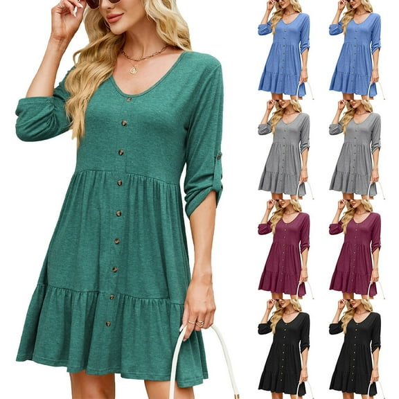 Ahuyic Womens Summer Casual Dress,Womens Plus Size Dress,Womens Solid Middle Sleeves Round-Neck Patchwork Dress,Gray,S