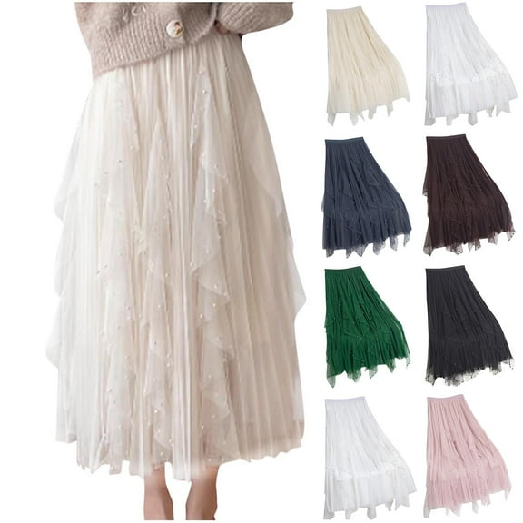 Ahuyic Womens Summer Casual Dress,Womens Plus Size Dress,Womens Temperament High Waist Slim Beading A-Line Irregular Net Yarn Puffy Skirt,Pink,Free Size