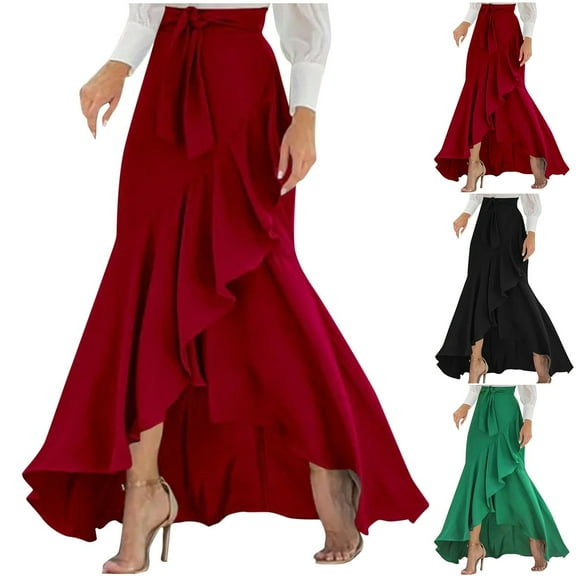 Ahuyic Womens Summer Casual Dress,Womens Plus Size Dress,Womens Temperament Solid Color High Waist Irregular Hem Wrap Skirt,Red,M
