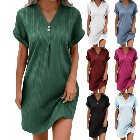 Ahuyic Womens Summer Casual Dress,Womens Plus Size Dress,Womens V-Neck Solid Color Pullover Casual Button Dress,Hot Pink,XXXL