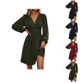 thumbnail image 1 of Ahuyic Womens Summer Casual Dress,Womens Plus Size Dress,Womens V-Neck Solid Color Wool Dress With Lantern Sleeves Long Sleeves Waist Pleated Long Skirt,Dark Blue,XL, 1 of 5