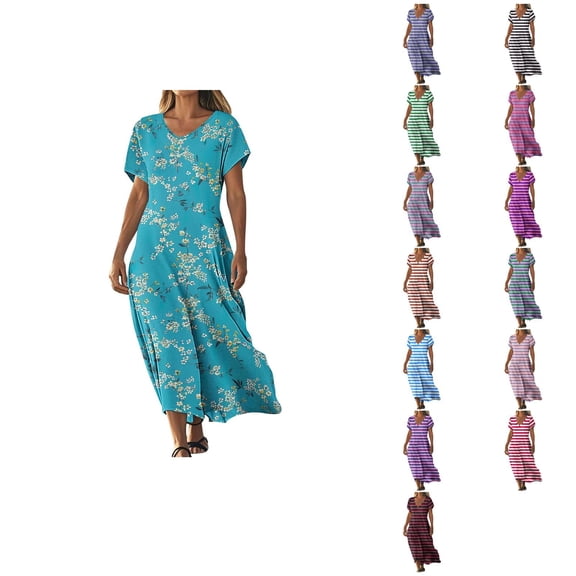 Ahuyic Womens Summer Casual Dress,Womens Plus Size Dress,Womens able Printed Short Sleeved V-Neck Dress Long Skirt,Hot Pink,S