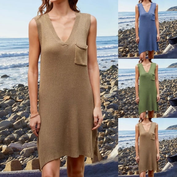 Ahuyic Womens Summer Casual Dress,Womens Plus Size Dress,Womens able Solid Color Short Sleeve Chiffon Beach Hollow Skirt Cover Up,Green,M