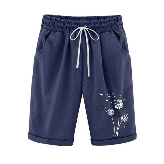 Ahuyic Womens Summer Casual Pants,Womens Shorts,Women's Elastic Waist Baseball Printed Drawstring Shorts