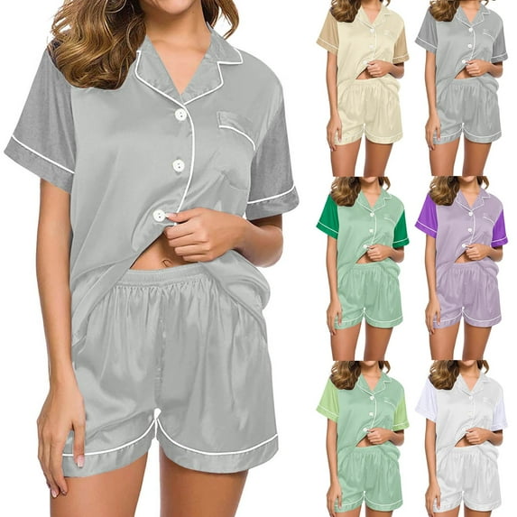 Ahuyic Womens Summer Plus Size Pajamas, Womens Casual Homewear Pajamas Set,Ladies Fashion Casual Regular Print Short Sleeve Lapel Set Two Piece Pajamas Set