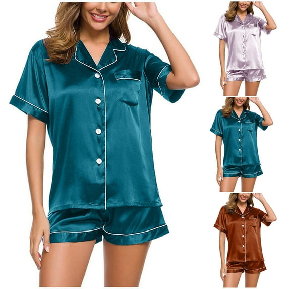Ahuyic Womens Summer Plus Size Pajamas, Womens Casual Homewear Pajamas Set,Ladies Short Sleeve Ice Silk Casual Loose Pajamas Set Solid Color Top And Pants Two Pieces Set