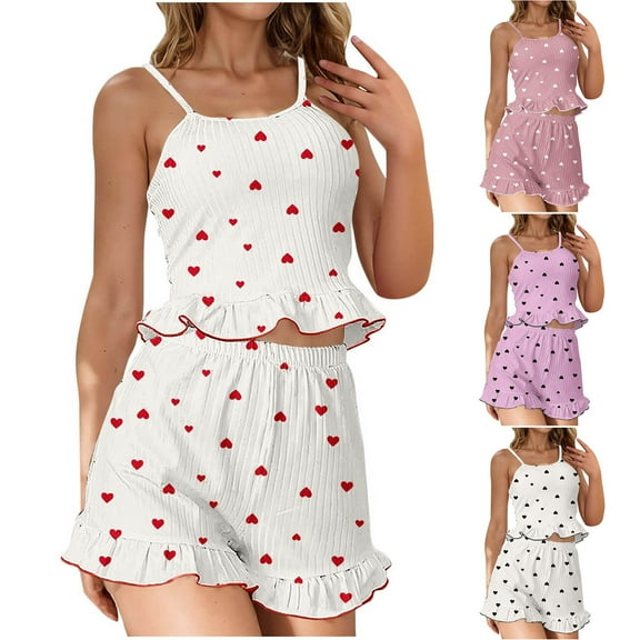 Ahuyic Womens Summer Plus Size Pajamas, Womens Casual Homewear Pajamas Set,Summer Womens Cute Printing Suspenders Sleeveless Blouse And Elastic Pants Pajamas Sets