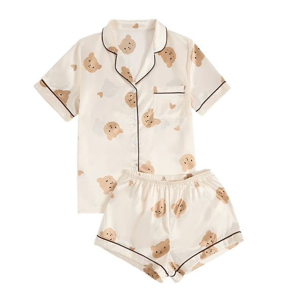 Ahuyic Womens Summer Plus Size Pajamas, Womens Casual Homewear Pajamas Set,Summer Womens Shorts And Short Sleeved Top Sleepwear Two-Piece Set Famale Homewear Pajamas Set