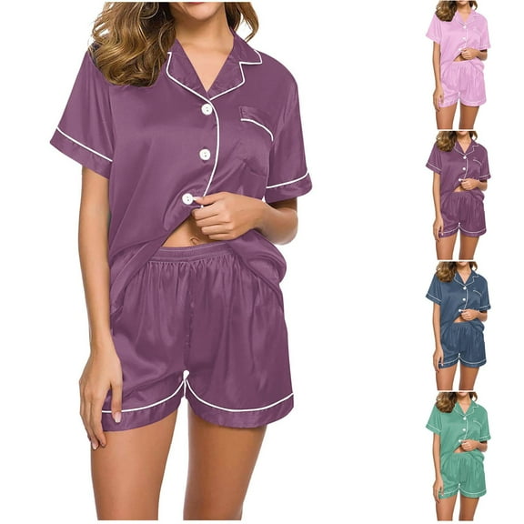 Ahuyic Womens Summer Plus Size Pajamas, Womens Casual Homewear Pajamas Set,Womens Casual Regular Printed Two-Piece Pajama Set Short-Sleeved Lapel Loose Solid-Color Pajama Set