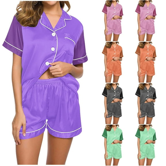 Ahuyic Womens Summer Plus Size Pajamas, Womens Casual Homewear Pajamas Set,Womens Casual Regular Printed Two-Piece Pajama Set Short-Sleeved Lapel Loose Solid-Color Pajama Set