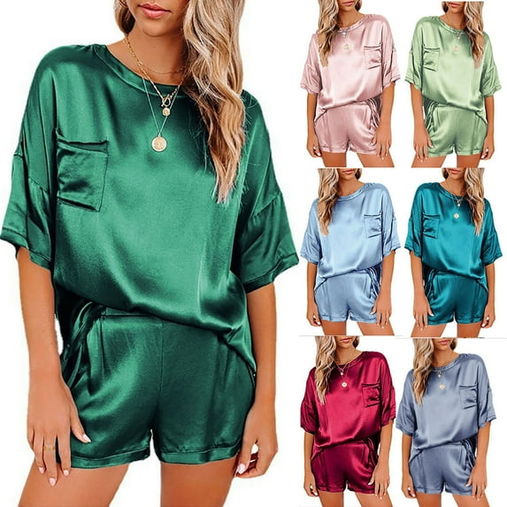 Ahuyic Womens Summer Plus Size Pajamas, Womens Casual Homewear Pajamas Set,Womens Solid Color Pajamas Homewear Pajamas Set Casual Short Sleeve Top And Shorts Two Pieces Set