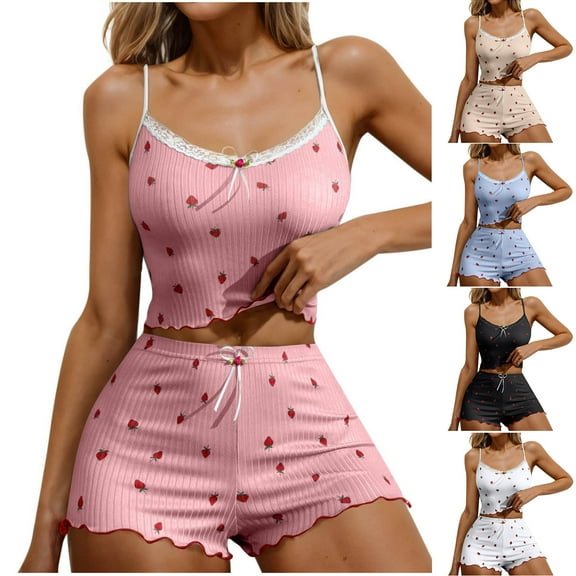 Ahuyic Womens Summer Plus Size Pajamas, Womens Casual Homewear Pajamas Set,Womens Summer Casual Strawberry Print Lace-Up Decorated Tank Top Shorts Pajama Suit