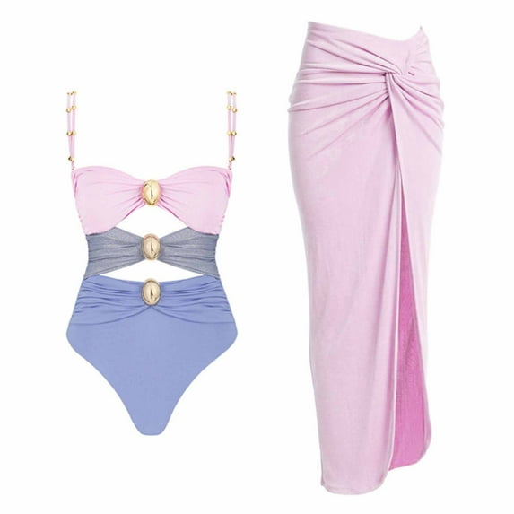 Ahuyic Womens Swimsuits, One Piece Swimsuit with Beach Cover up Wrap Skirt Push up Bathing Suit Hollow Color Matching Swimwear Tankini Set 2 Piece Swimsuit Outfits Pink S