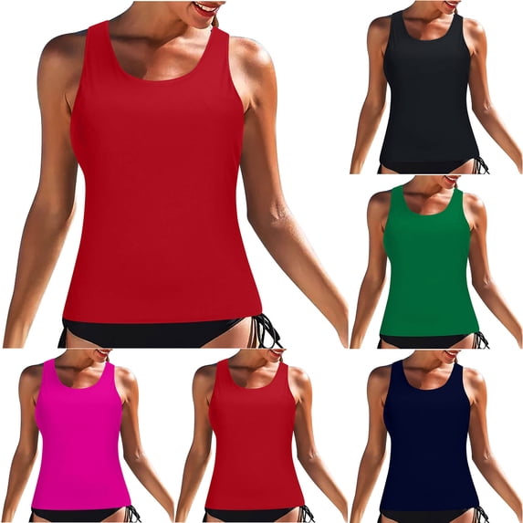 Ahuyic Womens Swimsuits,Womens Solid Color Round Neck Swimsuit Without Chest Cushion Or Steel Support Summer Tank Top Swimsuit,Black,XXL