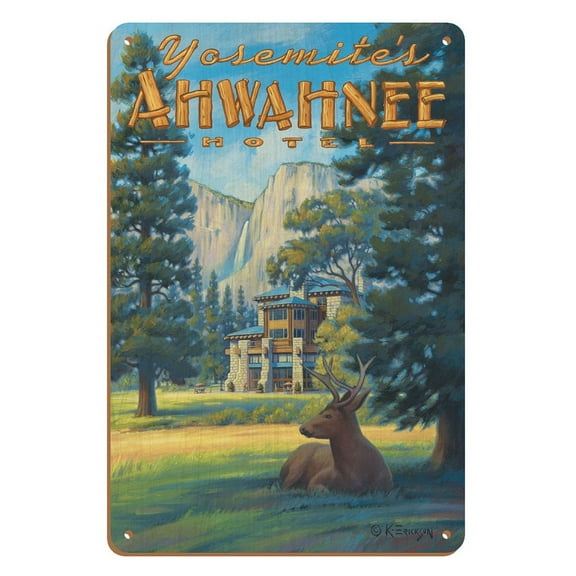 Ahwahnee Hotel - Yosemite National Park - Vintage Travel Poster by Kerne Erickson - 8 x 12 inch Vintage Wood Art Sign