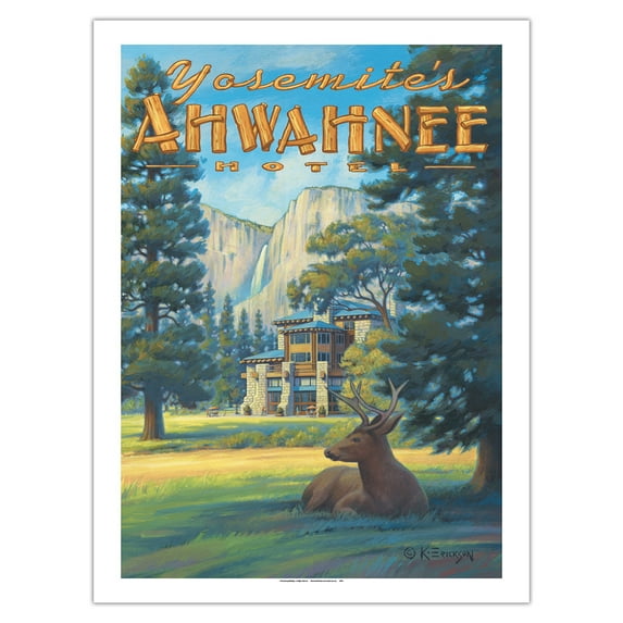 Ahwahnee Hotel - Yosemite National Park - Vintage Travel Poster by Kerne Erickson - Fine Art Matte Paper Print (Unframed) 24x32in