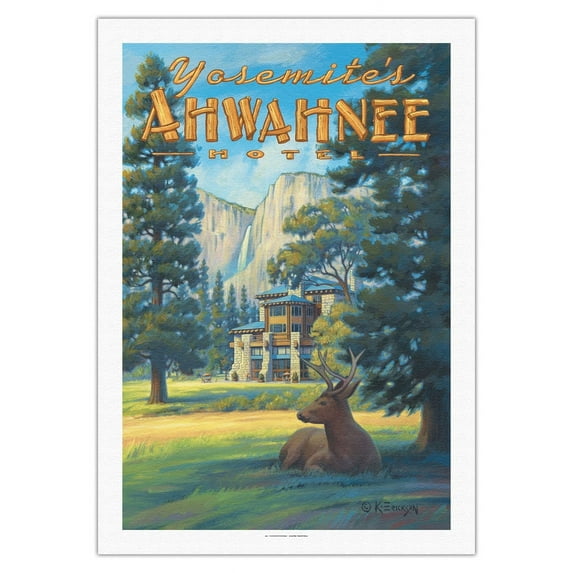 Ahwahnee Hotel - Yosemite National Park - Vintage Travel Poster by Kerne Erickson - Fine Art Rolled Canvas Print 27in x 40in