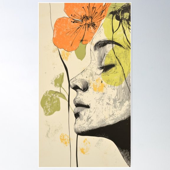 Ai Generated Portrait With Floral And Textured Details Poster Wall Art, Modern Wall Decor For Living Room Bedroom, 8x12 UNFRAMED