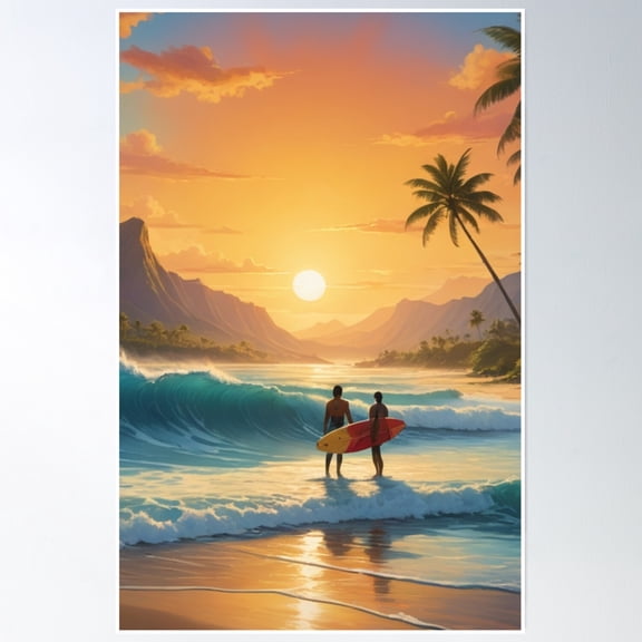 Ai-Generated Surfs Up: Beach Vibes & Ocean Dreams- Vintage Wall Arttrendy Retro Print Room Decor Wall Art, Poster Only