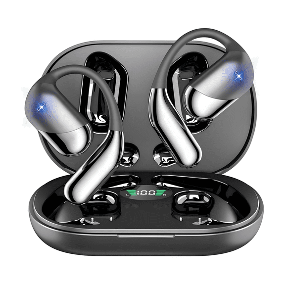Ai Open Ear Clip Wireless Earbuds Bone Conduction Headphones with AI Translation, Bluetooth 5.4, IPX7 Waterproof & LED Charging Case