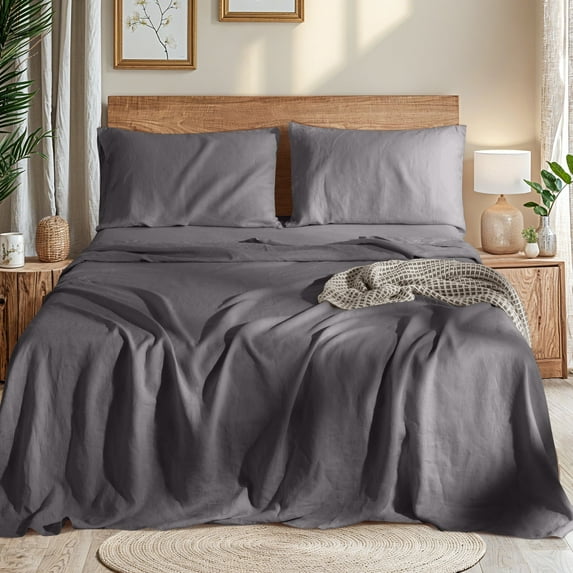 AiAngu Natural Linen Cotton Bed Sheets Set, Deep Pocket - Breathable - Durable - 4 Pieces (Dark Gray, Full)