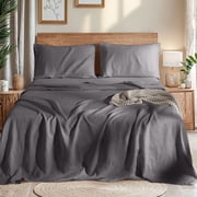 AiAngu Natural Linen Cotton Bed Sheets Set, Deep Pocket - Breathable - Durable - 4 Pieces Dark Gray, Queen