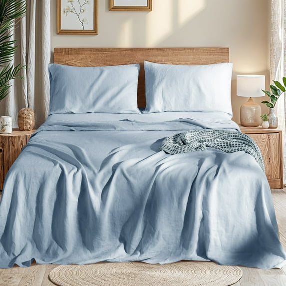 AiAngu Natural Linen Cotton Bed Sheets Set, Deep Pocket - Breathable - Durable - 4 Pieces (Dusty Blue, Full)