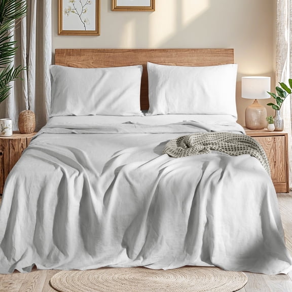 AiAngu Natural Linen Cotton Bed Sheets Set, Deep Pocket - Breathable - Durable - 4 Pieces (Gray, Full)