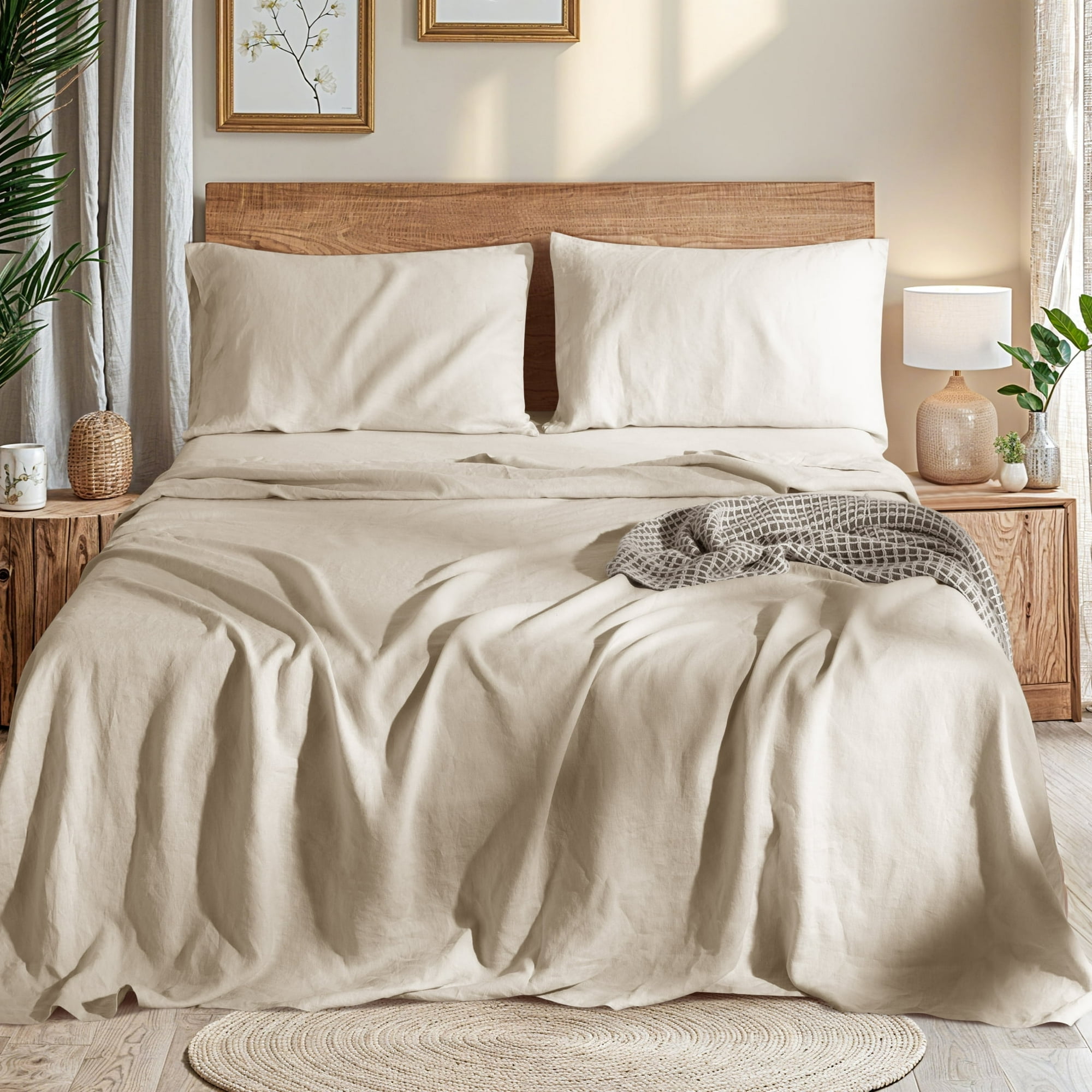 AiAngu Natural Linen Cotton Bed Sheets Set, Deep Pocket - Breathable - Durable - 4 Pieces (Linen, King)