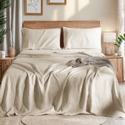 AiAngu Natural Linen Cotton Bed Sheets Set, Deep Pocket - Breathable - Durable - 4 Pieces Linen, Queen