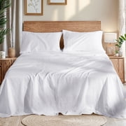 AiAngu Natural Linen Cotton Bed Sheets Set, Deep Pocket - Breathable - Durable - 4 Pieces White, Full