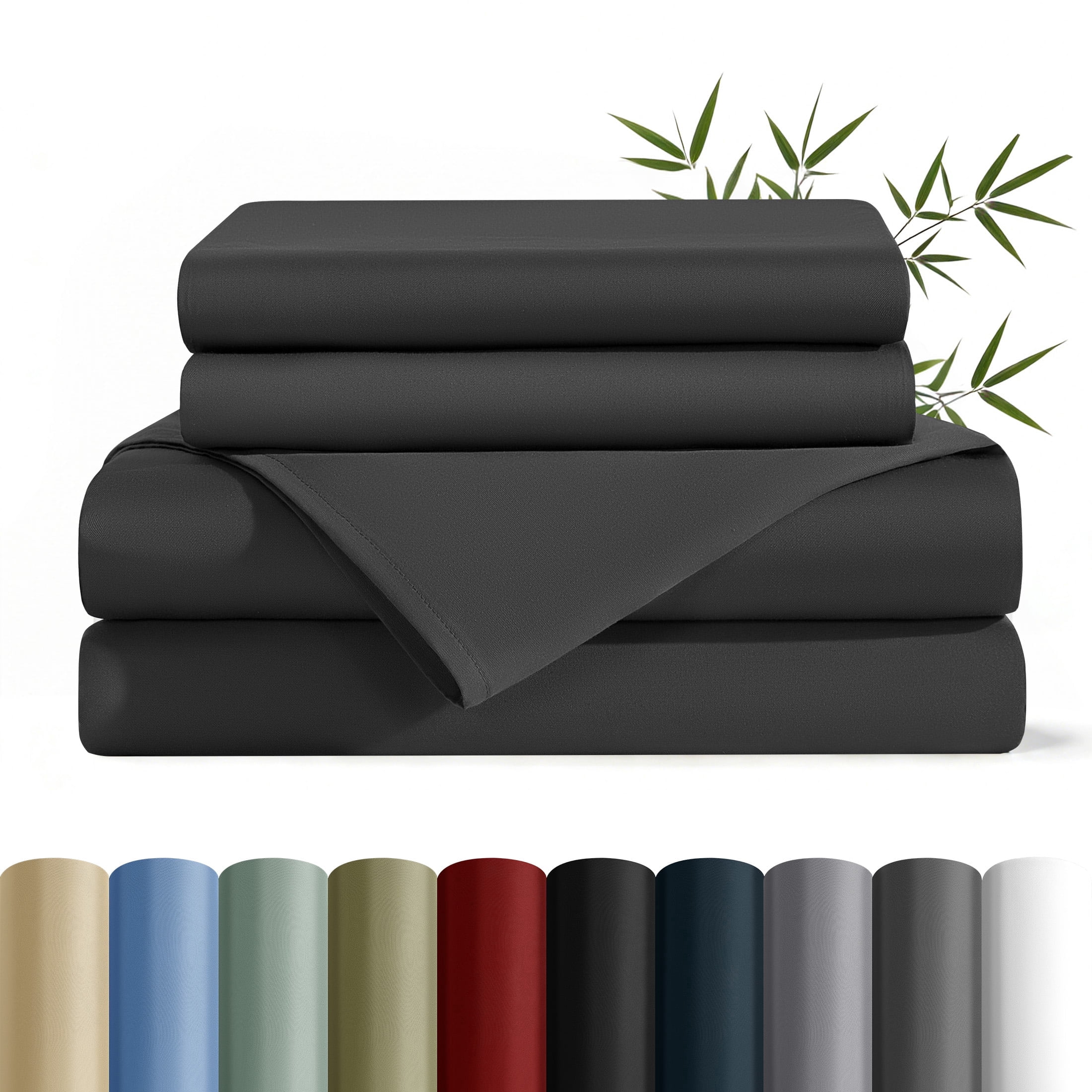 AiAngu Bamboo King Sheet Set, Luxury Soft 4 Pieces Bed Sheets with 18" Deep Pocket, Black