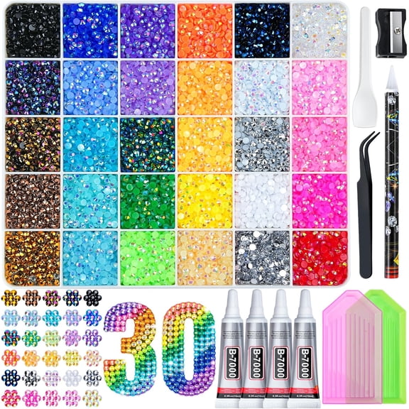 AiFlin Resin Jelly Rhinestones Kit, 30 Colors 3mm Flatback Rhinestones with 4 Pcs B7000 Jewelry Glue & Tools, All-in-One Bedazzling Kit for DIY Arts & Crafts Gifts