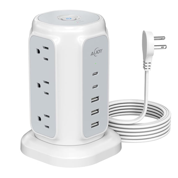 AiJoy Flat Plug Power Strip Tower 9 Outlets and 5 USB Ports (2 USB-C), 1200J Surge Protection, 6.5ft 1625W Extension Cord Charging Station for Home, Office Supplies, Dorm Essentials