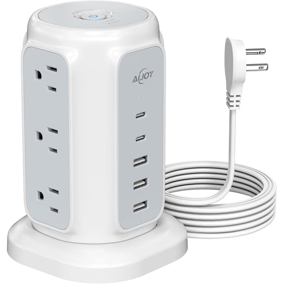 AiJoy Flat Plug Power Strip Tower 9 Outlets and 5 USB Ports (2 USB-C), 1200J Surge Protection, 6.5ft 1625W Extension Cord Charging Station for Home, Office Supplies, Dorm Essentials