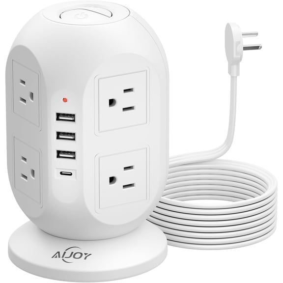 Surge Protector Power Strip Tower with 8 Outlets 4 USB Ports(1 USB-C) 10 FT Flat Extension Cord Multiple Outlets Charging Protection for Home Office Dorm Room Essentials
