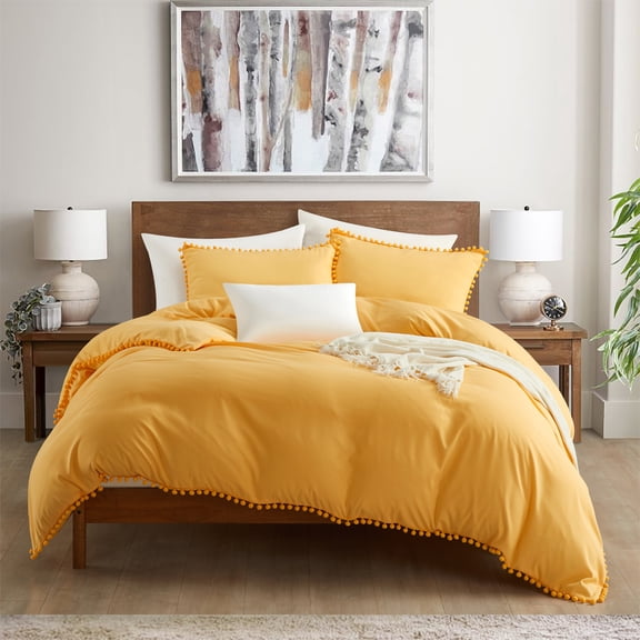 AiMay 2 Piece Duvet Cover Set Twin Size(1 Duvet Cover + 1 Pillow Shams) Bedding Sets Super Soft 100% Double Brushed Microfiber Boho Ball Fringe Breathable Skin-Friendly (Yellow, Twin)