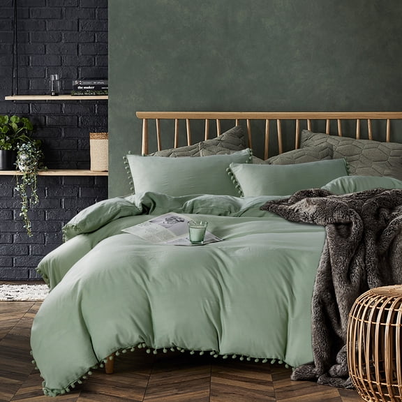 AiMay 3 Piece Duvet Cover Set King Size Green Bedding Sets 100% Double Water Brushed Microfiber Super Soft Boho Ball Fringe Cute Breathable Skin-Friendly (Green, King)