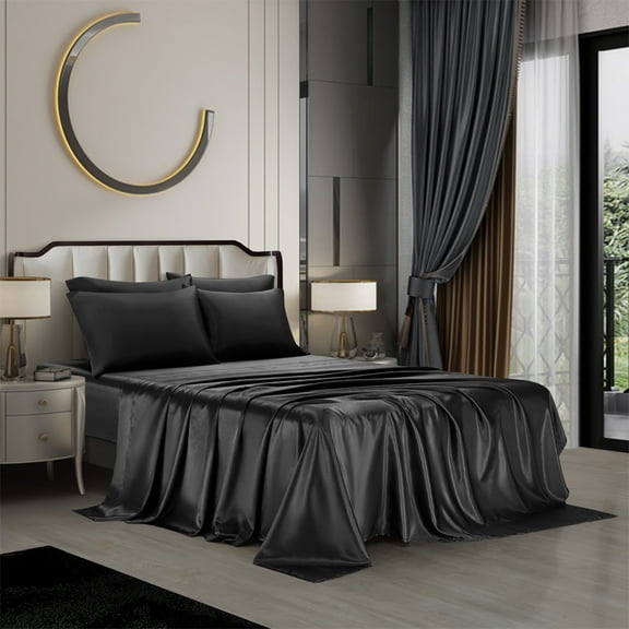 AiMay 6 Piece Satin Bedding Sheet Set King Black Deep Pocket Super Soft 1800 Series Luxury Rich Silk Silky Solid Color 4 Pillowcases Reversible Sexy Honeymoon Wrinkle Free (King, Black)