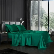 AiMay 6 Piece Satin Bedding Sheet Set Queen Size Deep Pocket Super Soft 1800 Series Luxury Rich Silk Silky Solid Color 4 Pillowcases Reversible Sexy Honeymoon Wrinkle Free (Queen, Blackish Green)