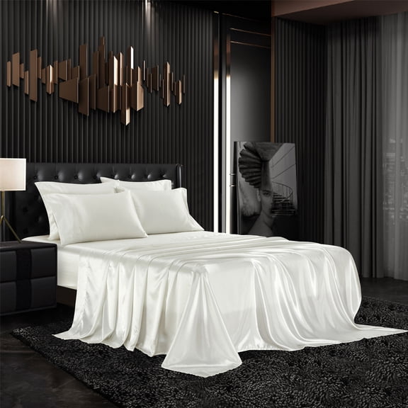 AiMay 6 Piece Satin Bedding Sheet Set Queen Size Off White Deep Pocket Super Soft 1800 Series Luxury Rich Silk Silky Solid Color 4 Pillowcases Reversible Sexy Honeymoon Wrinkle Free (Queen, Off White)