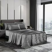 AiMay Italian Style 6 Piece Satin Bed Sheet Set Stripes Super Soft Deep Pocket 1800 Luxury Rich Silk 1 Flat Sheet 1 Fitted Sheet 4 Envelope Pillowcases Stain-Resistant Wrinkle Free (King, Gray)