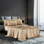 AiMay Italian Style 6 Piece Satin Bed Sheet Set Stripes Super Soft Deep Pocket 1800 Luxury Rich Silk 1 Flat Sheet 1 Fitted Sheet 4 Envelope Pillowcases Stain-Resistant Wrinkle Free (Queen,Taupe)