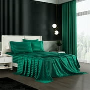 AiMay Italian Style 6 Piece Satin Bed Sheet Set Stripes Super Soft Deep Pocket 1800 Luxury Rich Silk 1 Flat Sheet 1 Fitted Sheet 4 Envelope Pillowcases Stain-Resistant Wrinkle Free (Queen,Green)