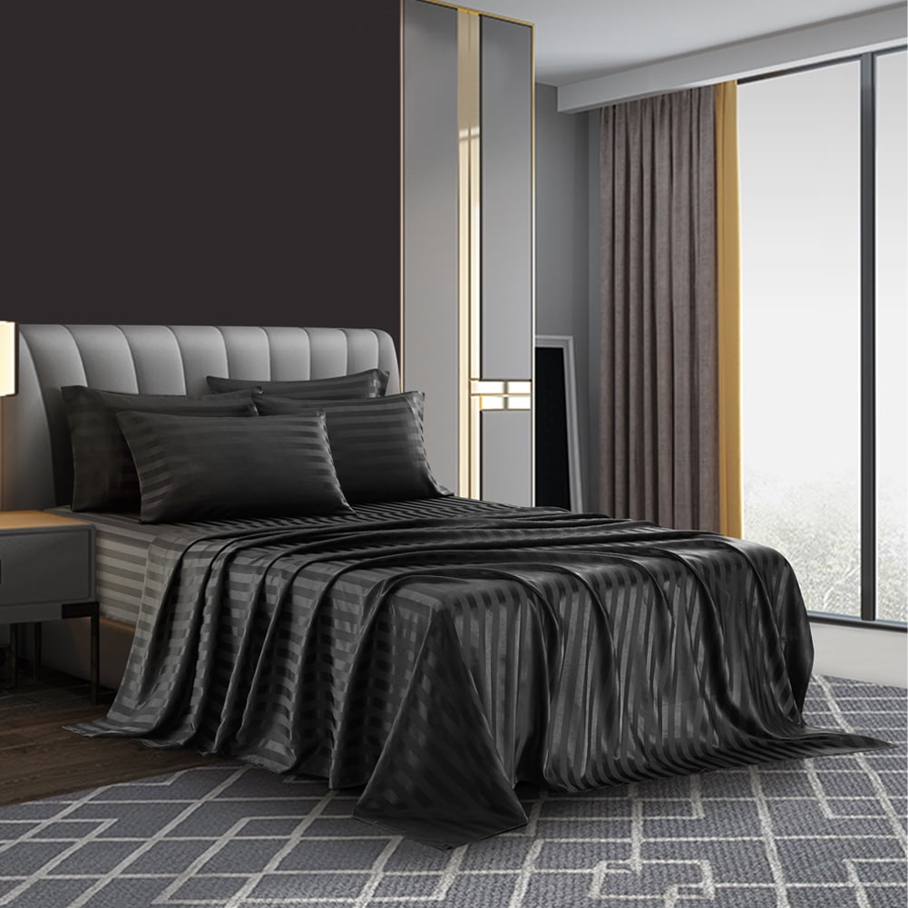 AiMay Italian Style  6 Piece Satin Bed Sheet Set Stripes Super Soft Deep Pocket 1800 Luxury Rich Silk 1 Flat Sheet 1 Fitted Sheet 4 Envelope Pillowcases Stain-Resistant Wrinkle Free (Queen, Black)