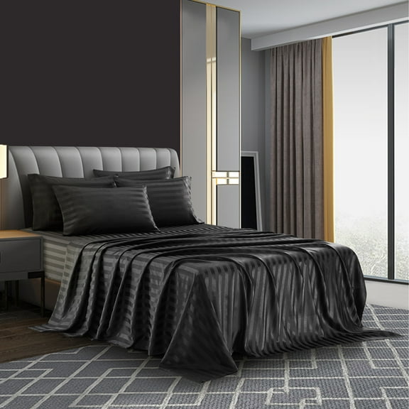 AiMay Italian Style 6 Piece Satin Bed Sheet Set Stripes Super Soft Deep Pocket 1800 Luxury Rich Silk 1 Flat Sheet 1 Fitted Sheet 4 Envelope Pillowcases Stain-Resistant Wrinkle Free (Queen, Black)
